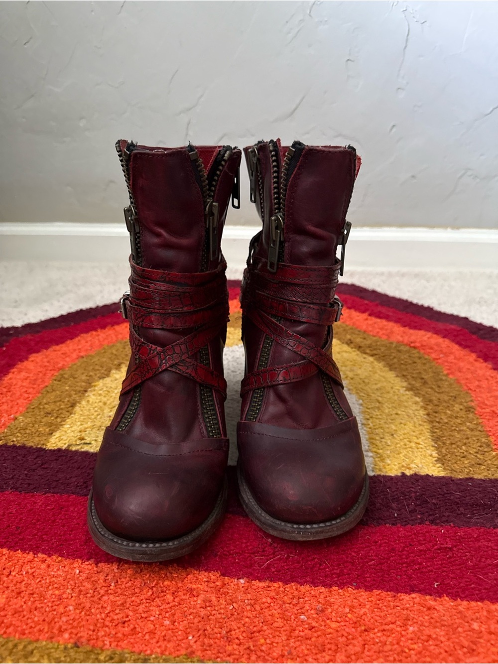 Freebird by Steven Balboa Burgundy Leather Zip & Strap Block Heel Ankle Boots - Picture 3 of 5